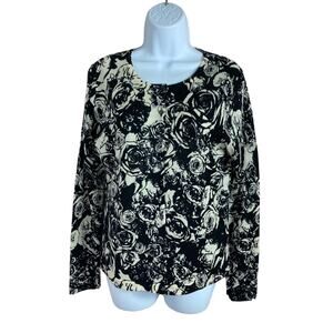 Lord & Taylor 100% Merino Wool Cardigan Sweater Women’s Medium Black White Rose